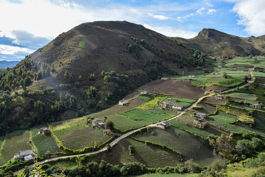 Cultivos de cebolla junca, papa, criolla, arboles y valles que rodean la laguna de Tota, ubicada en Boyac&agrave; Colombia 