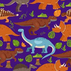 pattern with dinosaurs volcanoes and tropical plants Wild animal illustration for kids. Vector illustration design for fashion fabrics, textile graphics, prints.