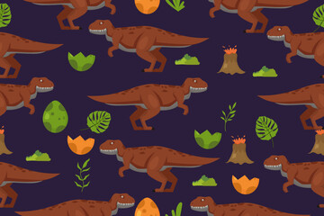 Seamless pattern with dinos and leaves on white background. texture of Jurassic park dinosaurs. cartoon vector illustration for printing