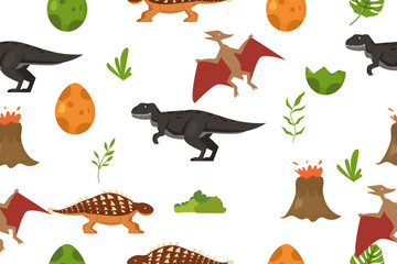 Seamless pattern with dinosaurs volcanoes and tropical plants Wild animal illustration for kids. Vector illustration design for fashion fabrics, textile graphics, prints. © Background_GG