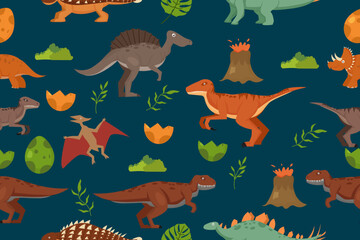 pattern with dinos and leaves on white background. texture of Jurassic park dinosaurs. cartoon vector illustration for printing © Background_GG