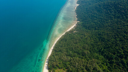 Aerial drone view of coastal scenery at Besar Island or Pulau Besar in Mersing, Johor, Malaysia