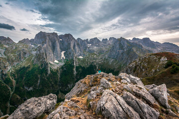 Mountain peaks during autumn season in the Prokletije National Park near the Grebaje Valley of Montenegro