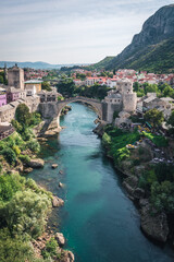 Old Bridge, Stari Most, in Mostar, Bosnia and Herzegovina, rebuilt 16th-century Ottoman bridge that crosses the river Neretva.