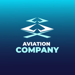Abstract symbols of flying planes in the form of a logo. The inscription AVIATION COMPANY on a blue gradient background. Symbol, airline logo, badge.  Color vector illustration.