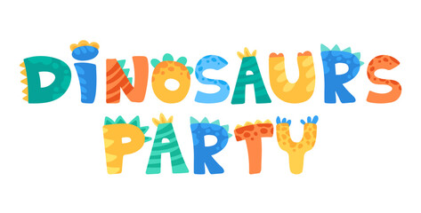 Dinosaurs party lettering, template for invitation kids card. Lets party poster with cute dinosaurs, space for text, date and roar lettering. Vector cartoon illustration for children
