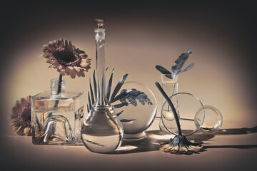 Biophilia design background. White gerbera, exotic leaves. Flowers, transparent glass jars,...