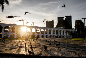 De zon schijnt door Lapa-bogen in Rio de Janeiro met duiven die ervoor vliegen