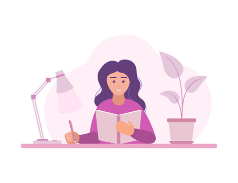 Woman reading book. Student girl. Education at home. Vector illustration
