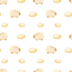 Seamless sweet dreams sheep and clouds animal pattern. Watercolor illustration on white background