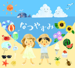 夏休みの手書き風の子どもたちのイラストセット