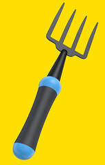 Garden pitchfork or fork with wooden handle for harvesting hay on yellow