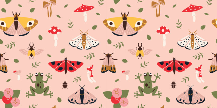 Fototapeta Seamless pattern with summer vibe, moth, mushrooms, plants, cartoon style. Cottagecore, goblincore aesthetics. Trendy modern vector illustration, hand drawn, flat