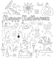 Big set of doodles Happy Halloween. Jack pumpkin, ghost, bat and skull and crossbones, graveyard, grave, fly agaric and witchs potion. Vector isolated outline elements for decor, design, decoration. - obrazy, fototapety, plakaty