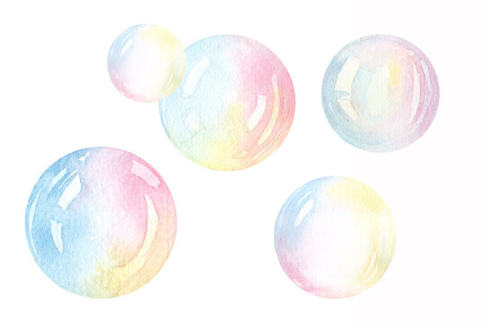 colorful Soap bubbles isolated watercolor illustration.