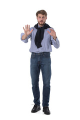 Business man doing stop gesture