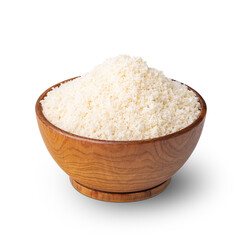 Wooden bowl full of almond flour isolated on white