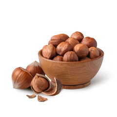 Wooden bowl full of hazelnuts isolated on white. Deep focus