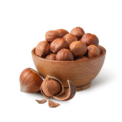 Wooden bowl full of hazelnuts isolated on white. Deep focus