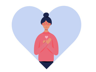 Flat vector cartoon illustration of a woman hugging herself. The concept of self-love, self care and self-acceptance.
