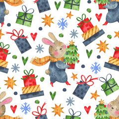 Seamless pattern - cute bunny with christmas tree and elements - stars, gifts, snowflakes, hearts. Happy New Year and Merry Christmas watercolor cartoon background.