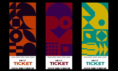 Festival tickets design layout templates collection made with vector geometric pattern graphics and abstract text.Useful for creating invitations, banners, posters, flyers, prints, labels, etc.