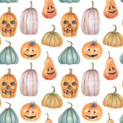 Halloween seamless pattern. Watercolor illustration with pumpkins