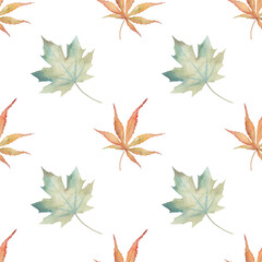 Watercolor autumn pattern with leaves. Hand drawn illustration