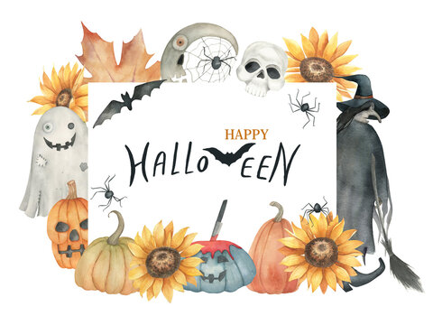 Watercolor halloween wreath. Hand painted background with  ghost, witch, gnome,bat, pumpkins, sunflower. Holiday frame