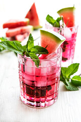 Close-up fresh watermelon drink  in glasses with watermelon pieces