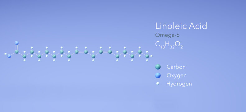 linoleic acid, omega-6. Molecular structure 3d rendering, Structural Chemical Formula and Atoms with Color Coding