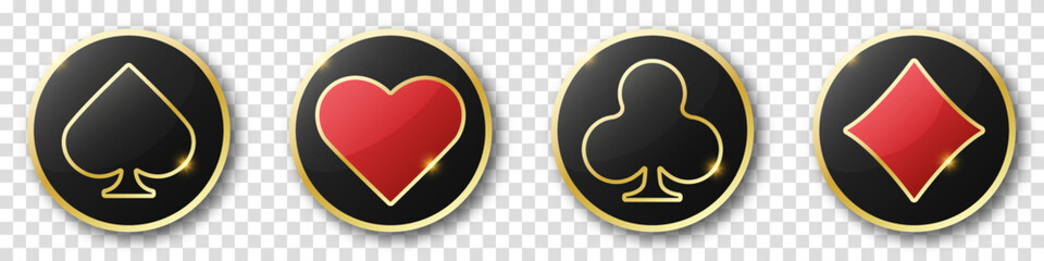 Hearts, diamonds, clubs and spades chips sign icon. Vector illustration chips on transparent background. Glossy playing card suit symbol with gold border.