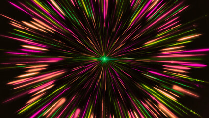 Hypnotic dot with rotating colorful rays. Animation. Bright multicolored rays circle around glowing point. Mesmerizing animation with rotating cosmic rays around colored star