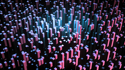 Obraz premium Abstract 3D animation with rising colored squares. Animation. Retractable up 3D rectangular blocks with beautiful multi-colored lights