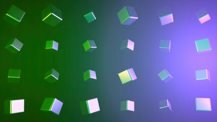 Fototapeta na wymiar Rotating cubes that reflect light on colorful background. Animation. Multicolored smooth cubes with reflective surface rotate on colorful background
