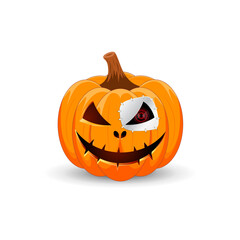 Halloween Pumpkin Terminator isolated on white background. The main symbol of the Happy Halloween holiday. Orange spooky pumpkin with scary smile holiday Halloween..