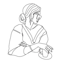 Abstract woman with a cup of fragrant coffee. One line vector drawing. Portrait minimalistic style. Nature cosmetics symbol. Modern continuous line art. Fashion print.