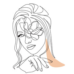 Woman face with butterfly and flowers. Line art female hands with butterflies. One line vector drawing. Portrait minimalistic style. Botanical print. Nature symbol of cosmetics.