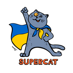 Superhero Cat Patriot in a cape from the flag of Ukraine