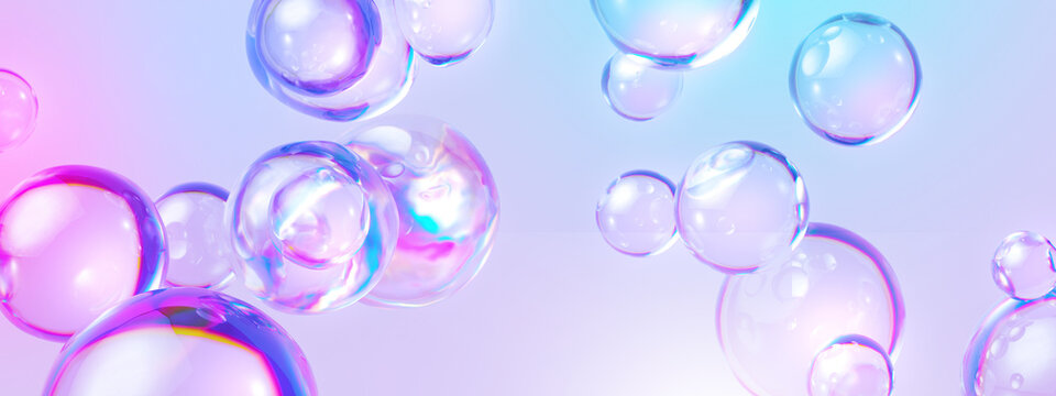 3d render, abstract pastel pink blue background with iridescent magical air bubbles, wallpaper with glass balls or water drops