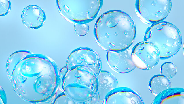 3d render, abstract blue background, water drops, air bubbles, wallpaper with glass balls