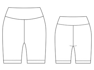 Illustration of stretch bike shorts, front and back view. Technical drawing for fashion design
