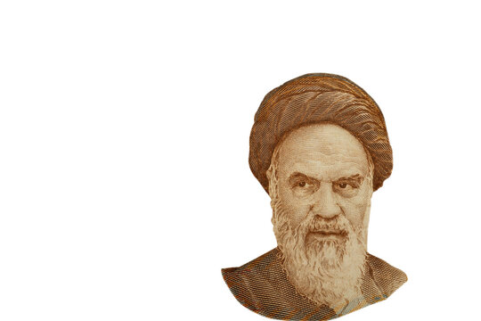Ayatollah Ruhollah Khomeini on a white background. Portrait from a Iran five thousand rial banknote.