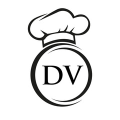 Initial Letter DV Restaurant Logo Template. Restaurant Logo Concept with Chef Hat Symbol Vector Sign