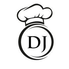 Initial Letter DJ Restaurant Logo Template. Restaurant Logo Concept with Chef Hat Symbol Vector Sign