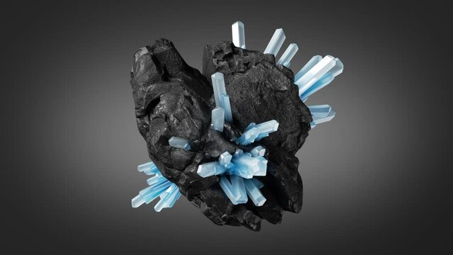looping 3d animation, black rock with blue quartz crystals on it, rotating stone, magical nugget esoteric object