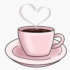 Illustration of a cup of tea, coffee. Boho style with hearts. Cute hot drink clipart