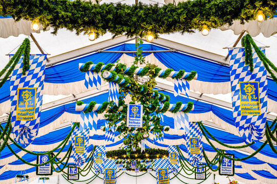 Murnau, Germany - July 14: typical Augustiner brewery decoration at a beertent in Murnau on July 14, 2022