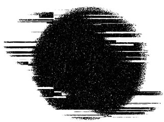 Black circle with glitch effect, pattern. Round shape, pixel noise texture, distortion. Isolated png illustration, transparent background. Use for overlay, montage, stamp, brush, sticker, grain.