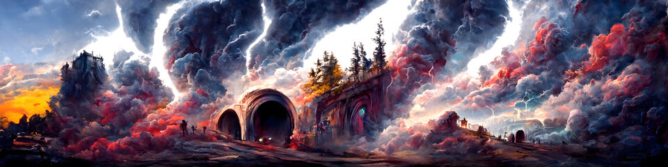 Fototapeta na wymiar Artistic concept of painting a scary and dangerous landscape, background illustration, tender and dreamy design. 